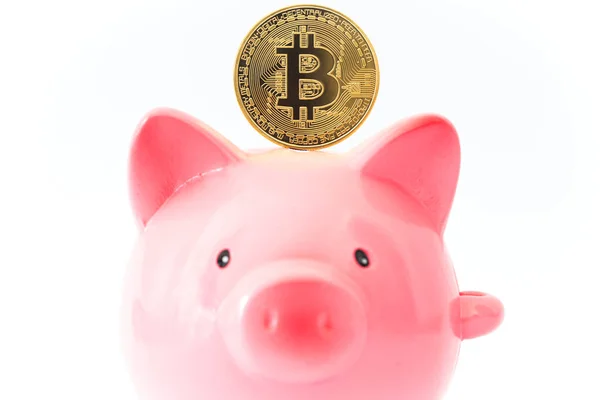 Alcancía y Bitcoin. concepto de ahorro e inversión en virtu — Foto de Stock