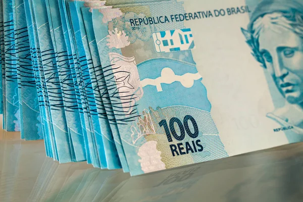 Dinheiro Brasileiro Notas 100 Reais — Fotografia de Stock