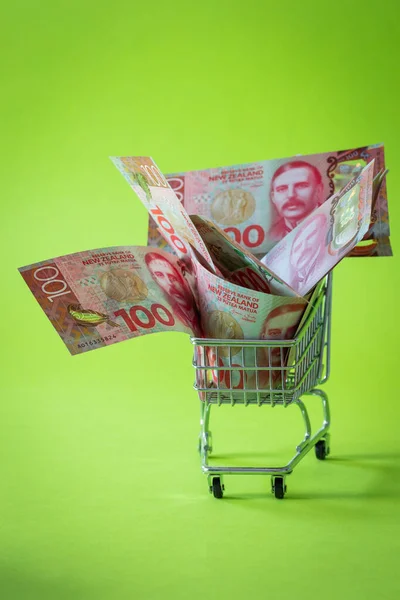 Minyatür Alışveriş Arabası Yeni Zelanda 100 Dolarlık Banknotlar Alışveriş Kavramı — Stok fotoğraf