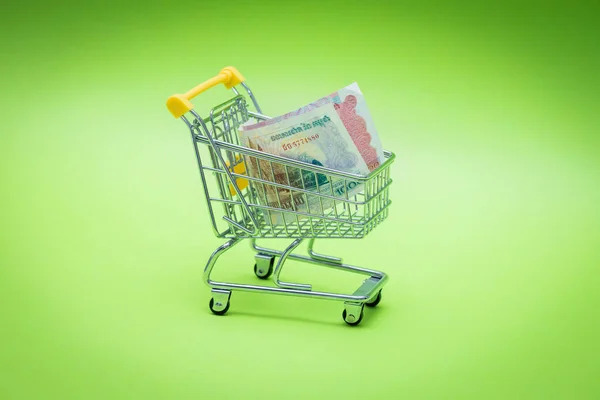 Miniature Shopping Trolley Cambodia Money Won Concept Shopping Power Economy — 스톡 사진