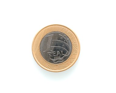 Brazilian money, one Real coin on the white background