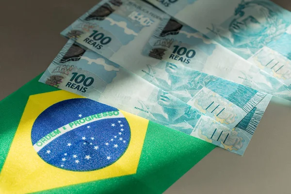 Brazilské Peněžní Bankovky Pozadí Vlajky Země — Stock fotografie