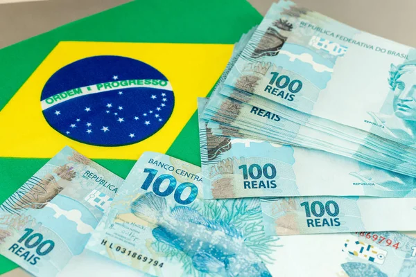 Brazilian Money Banknotes Background Flag Country — Stock Photo, Image