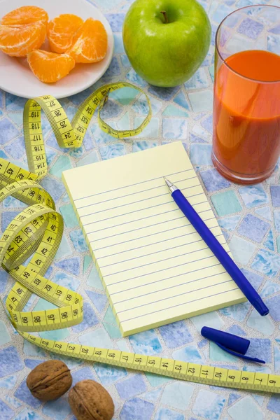 Meter Measure Waist Size Healthy Diet Food Juices Blank Card — Stock Photo, Image