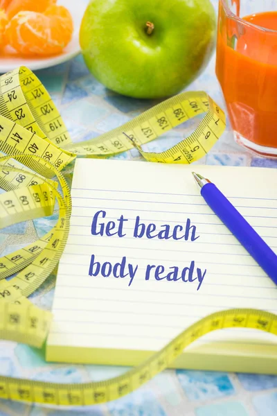 Meter Measure Waist Size Healthy Diet Food Notebook Motivational Slogan — Stock Photo, Image
