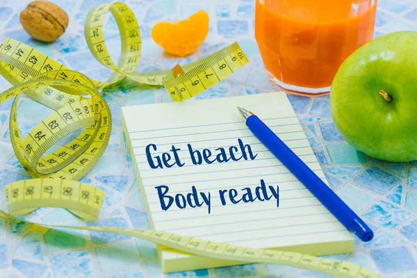 Meter Measure Waist Size Healthy Diet Food Notebook Motivational Slogan — Stock Photo, Image