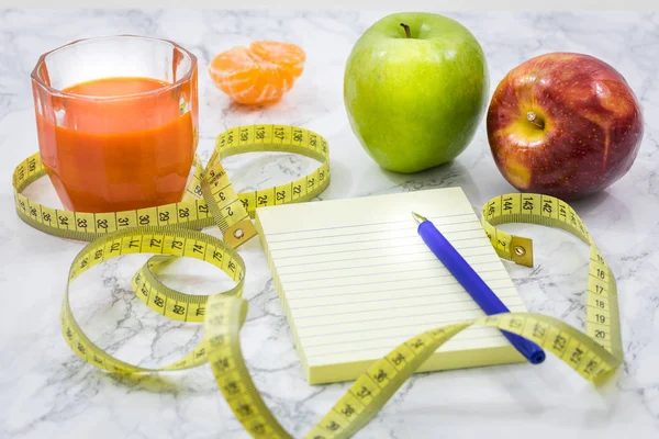 Meter Measure Waist Size Healthy Diet Food Juices Blank Card — Stock Photo, Image