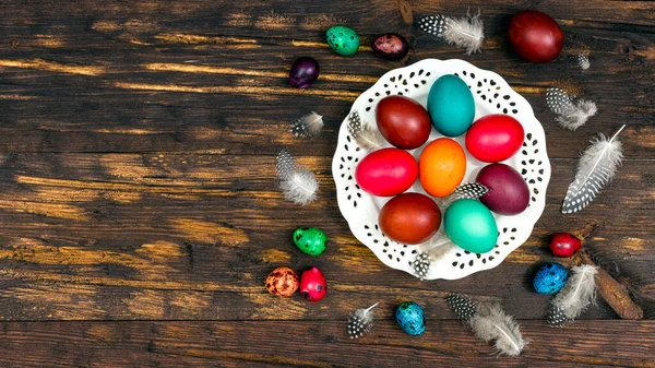 Painted Eggs Different Colors Wooden Table Easter Decoration Place Text — 스톡 사진