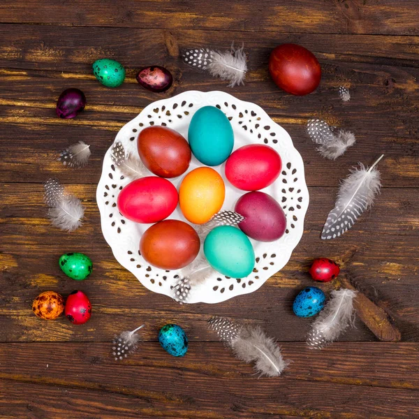 Painted Eggs Different Colors Wooden Table Easter Decoration — 스톡 사진