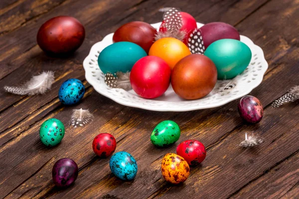 Painted Eggs Different Colors Wooden Table Easter Decoration — 스톡 사진