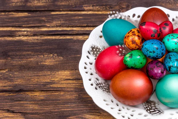 Painted Eggs Different Colors Green Background Easter Decoration Place Text — 스톡 사진