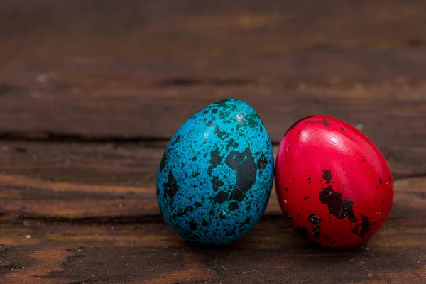 Traditionally Painted Quail Eggs Wooden Background Happy Easter Place Text — Zdjęcie stockowe