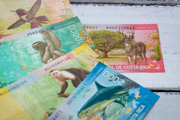 Деньги Коста Рики Колонес Различные Банкноты Разбросаны Столу — стоковое фото
