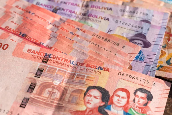 Болівійські Гроші Називаючись Болівіано Усі Номінали Паперу — стокове фото