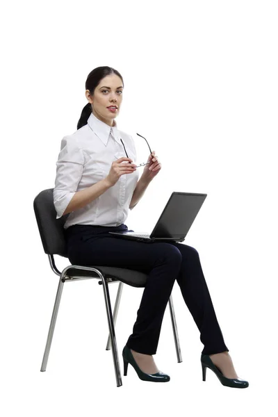 Femme d'affaires avec ordinateur portable sur blanc — Photo