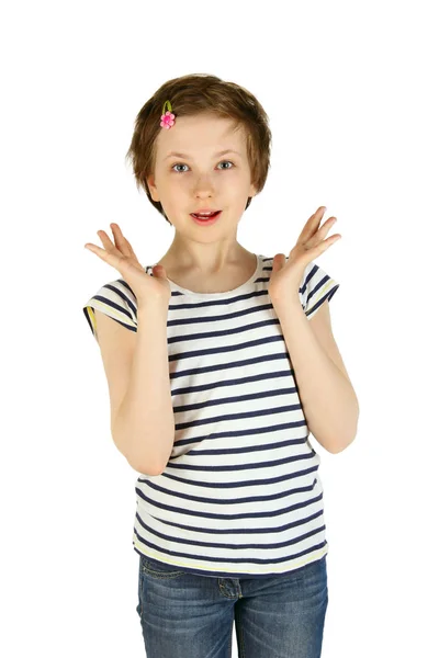 Cropped Shot Of A Surprised Little Girl Holding Hands Up isolated on White background. Happy Little Girl Isolated Over White Background.