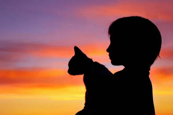 Niños Mascotas Personas Concepto Infancia Foto Recortada Una Silueta Una —  Fotos de Stock