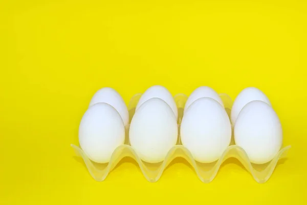 Food Ingredients Breakfast Easter Concept White Chicken Eggs Yellow Background — Stock Photo, Image