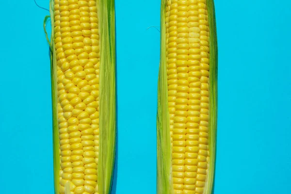 Αφηρημένο Φόντο Τροφίμων Δύο Κίτρινο Καλαμπόκι Μπλε Φόντο — Φωτογραφία Αρχείου