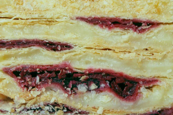 ケーキの質感 切り取られたショット デザートの食感の背景 ナポレオンケーキ 近くの景色 — ストック写真