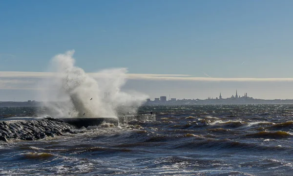 Storm on sea. Estonian capital Tallinn at background