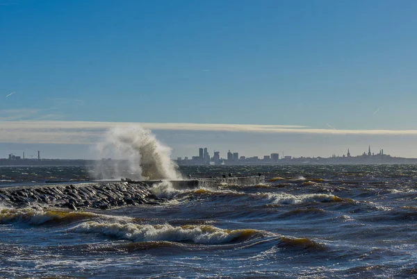 海の嵐。バック グラウンドでエストニアの首都タリン — ストック写真