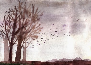 Sonbahar manzara suluboya çizimi