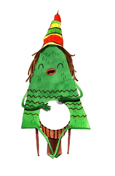 쾌활 한 손으로 그려진된 수채화 만화 크리스마스 트리, 흰색 배경에 고립. — 스톡 사진
