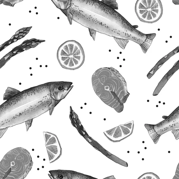 Meerforellenfisch mit Zitrone und Spargel. handgefertigte Aquarellmalerei Illustration auf weißem Papier Kunst Hintergrund — Stockfoto