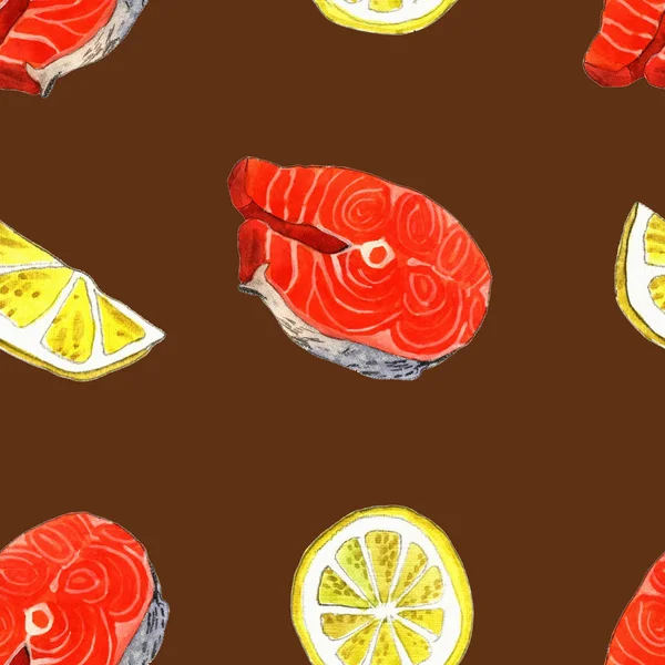 Pesce trota di mare con limone. Illustrazione pittura ad acquerello fatto a mano su sfondo bianco carta arte — Foto Stock