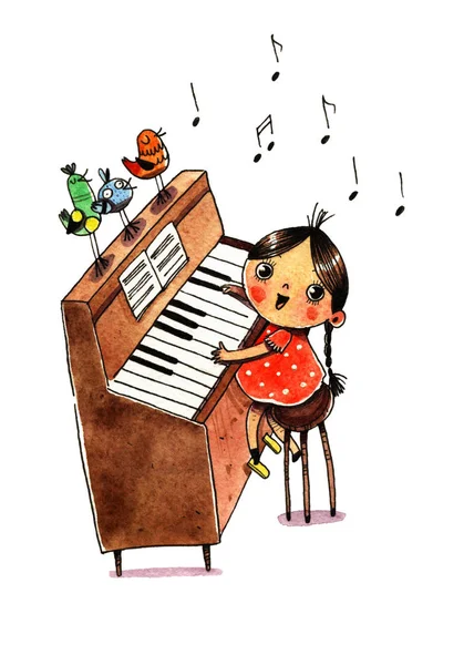 Akwarela fortepian i dziewczyna — Zdjęcie stockowe