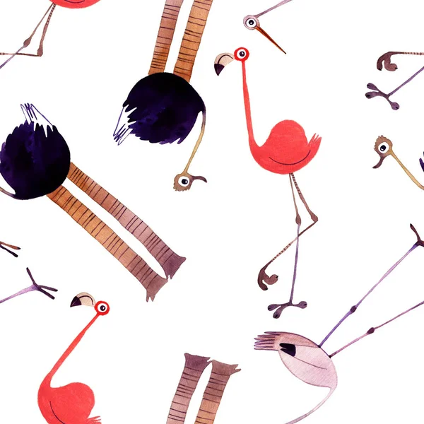 Aquarell Vogelset vorhanden. Flamingo, Strauß, Storch handgemalte Illustration — Stockfoto