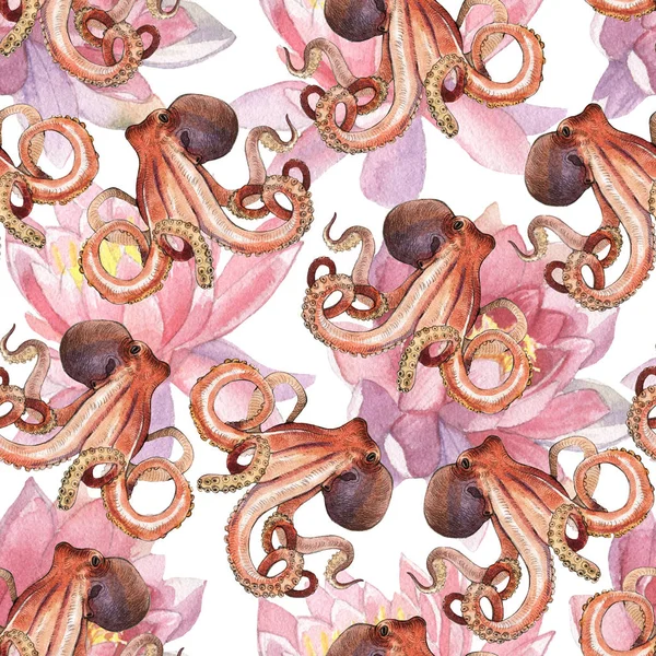 Aquarel lotusbloem en octopus — Stockfoto