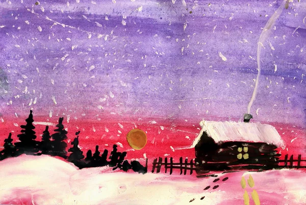 Akvarell illustration av vinterlandskap — Stockfoto