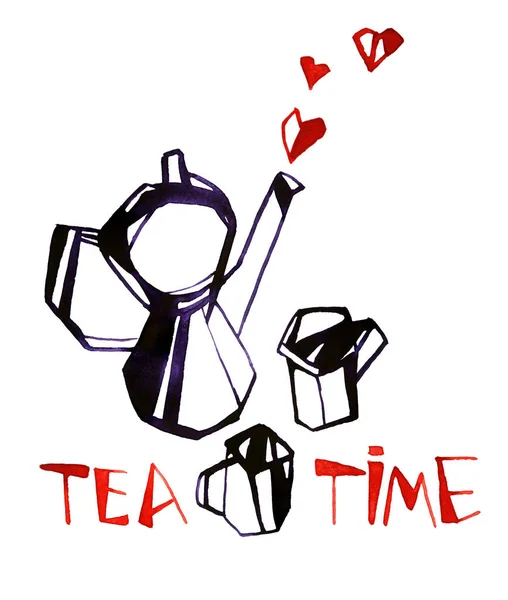 ティーポットと紅茶の時間テキストとカップの水彩イラスト — ストック写真