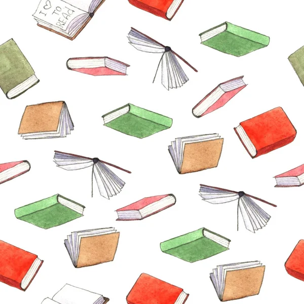 Suluboya kitaplar Dikişsiz desen illüstrasyon. El boyalı beyaz arka plan üzerinde izole kitap yığını.