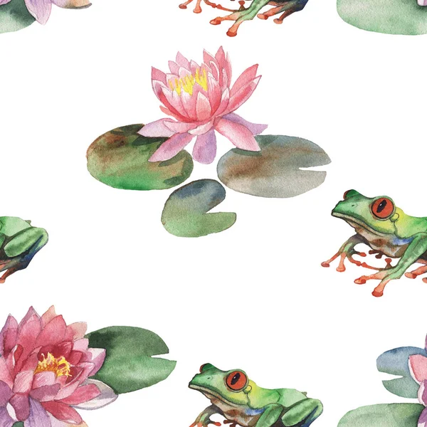 Aquarel patroon van de lotusbloem en kikker — Stockfoto