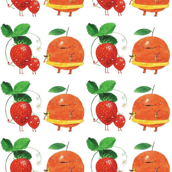 Aquarel aardbeien en oranje patroon — Stockfoto