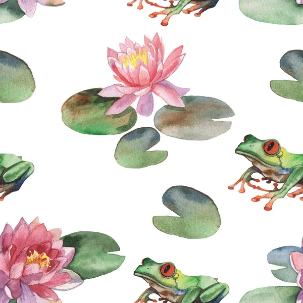 Aquarel patroon van de lotusbloem en kikker — Stockfoto