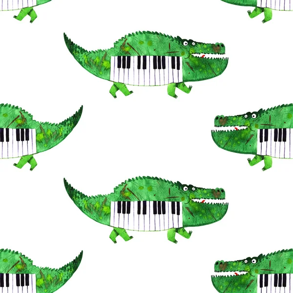 Watercolor illustration of cartoon crocodile seamless pattern
