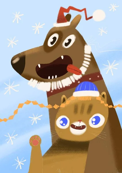 Ilustración de perro, tarjeta de Navidad, feliz año nuevo postal — Foto de Stock