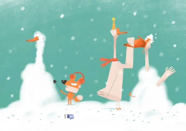 Cartoon Illustration Fox Goose Christmas Hand Painted Illustration Your Postcard — Stock Photo, Image