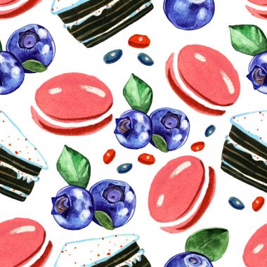 Beyaz arka plan üzerinde izole kek ve yaban mersini seamless modeli suluboya çizimi