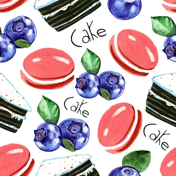 Watercolor Illustration Cake Blueberry Seamless Pattern Isolated White Background — Stock Photo, Image