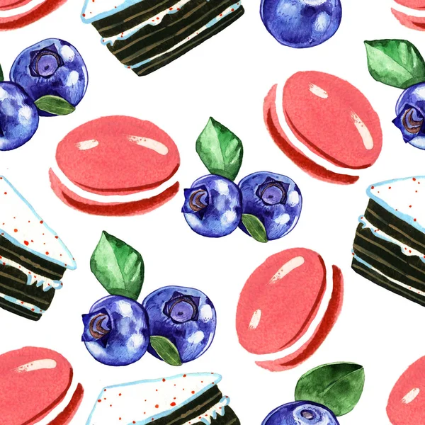 Watercolor Illustration Cake Blueberry Seamless Pattern Isolated White Background — Stock Photo, Image