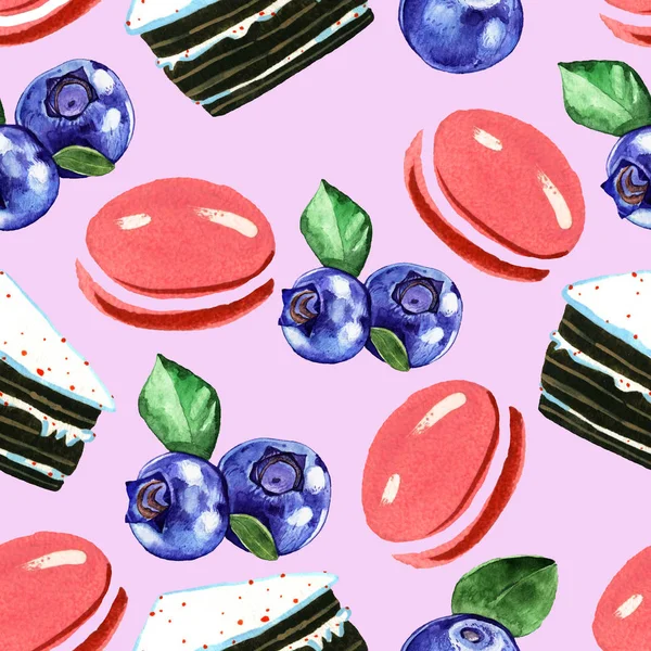 Watercolor Illustration Cake Blueberry Seamless Pattern Isolated White Background — Stock Photo, Image