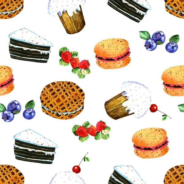 Watercolor Illustration Cake Seamless Pattern Isolated White Background — Stock Photo, Image