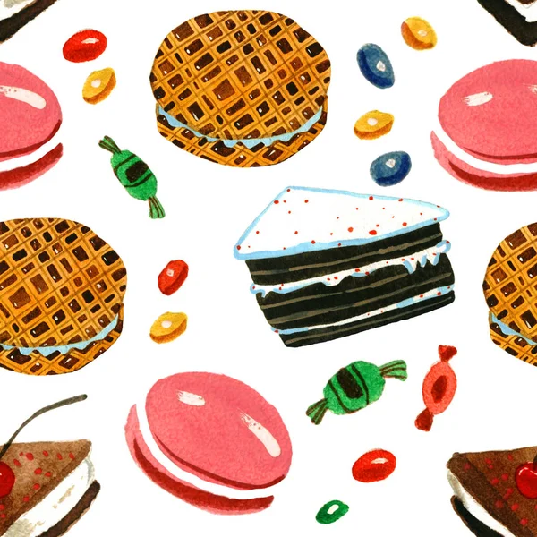 Watercolor Illustration Cake Seamless Pattern Isolated White Background — Stock Photo, Image