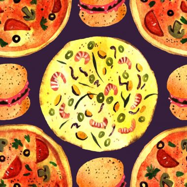 suluboya pizza ve hamburger illüstrasyon izole koyu arka plan üzerinde seamless modeli