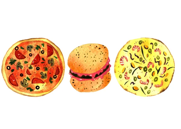 Watercolor Pizza Hamburger Illustration Isolated White Background — Stock Photo, Image